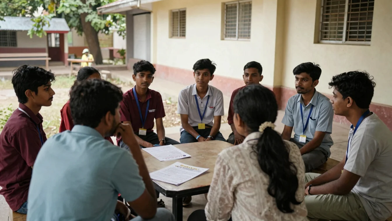 Documentary editorial photograph of student volunteers seated with a small group of community members on a shaded campus