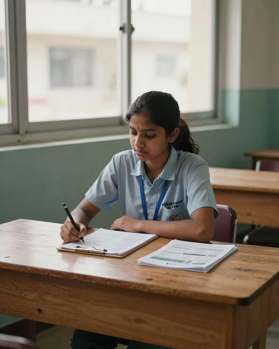 Documentary editorial photograph of a student volunteer seated at a simple wooden table in a campus clinic room, a clipb